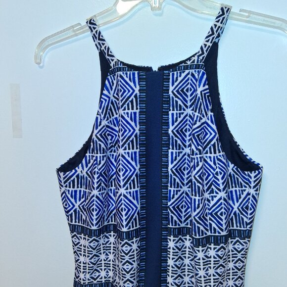 Vince Camuto Halter Fit & Flare Geometric Patterned Navy & White Dress sz 10/B19 - Picture 2 of 10